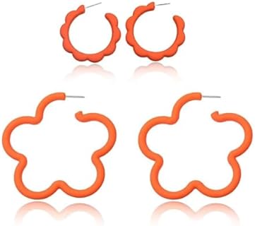 2Pairs Flower Earrings, Acrylic 60s 70s Flower Hoop Earrings Neon 80s Earrings Candy Color Floral Hoop Earrings for Women Girls Valentien's Day Gift