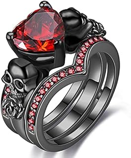 Gothic Skull Black Rings Set Women Rose Flower Red Purple Heart Love Zircon Crystal Christmas Anniversary Engagement Mother's Day Gift Cocktail Party Biker Jewelry