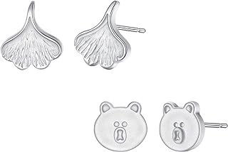 BriLove Women's 925 Sterling Silver Push-Back Stud Earrings Set - Delicate Leaf and Playful Bear Designs