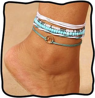 JEWEKY Boho Layered Turquoise Anklets Blue Ankle Bracelets Wax Rope Beach Foot Jewelry for Women and Girls