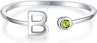 925 Sterling Silver Initial Letter Birthstone Rings for Women Adjustable 1-12 Month Birthstone Alphabet Stacking Ring for Teens Girls Stackable Birthstone Rings Birthday Jewelry Gift for Daughter Mom