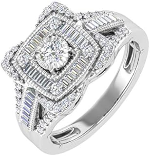 FINEROCK 1/2 Carat Round & Baguette Shape Diamond Cushion Shaped Halo Ring in 10K Gold