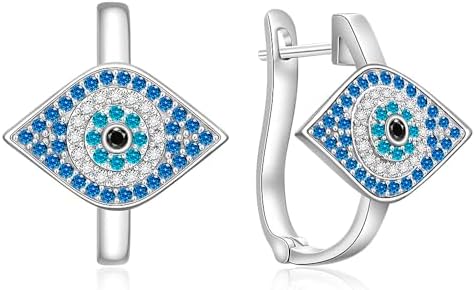 Sterling Silver Mini Evil Eye Hoop Earrings for Women with Clear CZ Stones and Blue Gem Center, 14k Gold Plated - Spiritual Protection and Style