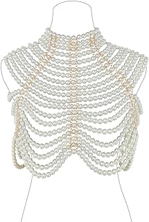 Pearls Body Chain Shawl Necklace Pearl Bra Shoulder Chain Top Beaded Backless Chest Chains Rave Outfit for Women Sexy Festival Party Birthday