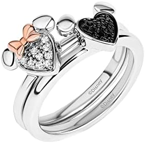 Jewelili Disney Jewels Mickey and Minnie Mouse Black and White Diamond Hearts Stack Rings, Sterling Silver