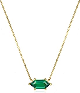 14K Gold Plated Emerald Cut Green Ctreated Emerald Dainty Pendant Necklace, 18”+2” Gold Plated 925 Sterling Silver Necklaces for Women, 14K Gold Plated, Cubic Zirconia