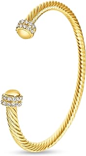 Cable Chain Open Bangle Bracelet Adorned with Cubic Zirconia Gems for Sophisticated Women - Unique Twisted Design, Stainless Steel w/ Gold & Rhodium Plating