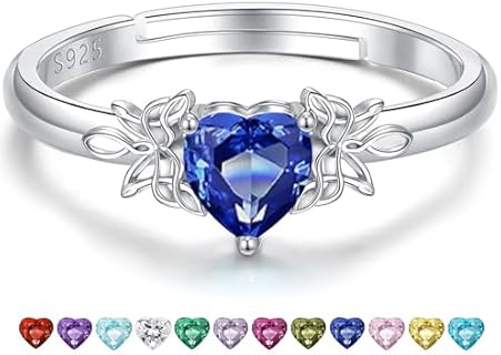 Stackable Cubic Zirconia Birthstone Rings - 925 Sterling Silver Heart Design Adjustable Ring for Women - Butterfly Design Size 4-9 Sparkling Jewelry Gift for Birthdays, Christmas & Mother's Day