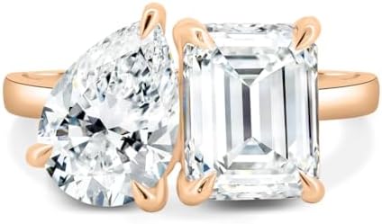 Amor Moissanite 3 TCW Emerald and Pear Cut Handmade Engagement Ring, Toi Et Moi Bridal Wedding Ring for Women, Anniversary Promise Gifts Her