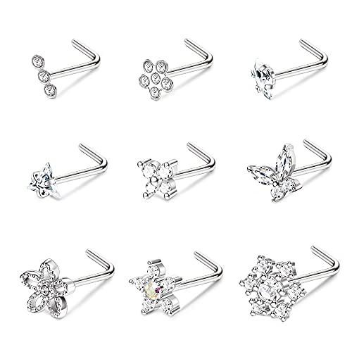 BodyBonita 9Pcs 20G Nose Rings Studs with Big Bling CZ Snowflake Star Top Surgical Steel L-Shaped Nose Studs Triple Linear Gem Ball Round Diamond CZ Nose Piercing Jewelry 7mm