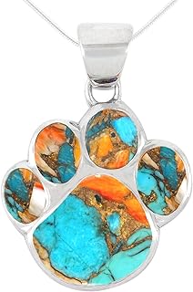 Lobster-Claw Clasp Turquoise Dog-Paw Pendant Necklace for Dog Lovers | Snake Chain | Genuine Turquoise & Spiny Oyster Gemstones | Sterling Silver | Philippines Origin