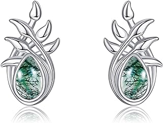 Sterling Silver Moss Agate Stud Earrings with Push Back for Her, Hypoallergenic & Dainty Design - Perfect Birthday Gift