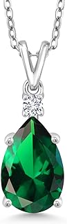 925 Sterling Silver Teardrop Pendant Necklace with White Lab Grown Diamond and Green Nano Emerald for Women, Pear Shape 12X8MM, Includes 18 Inch Silver Cable Chain & Spring Ring Clasp
