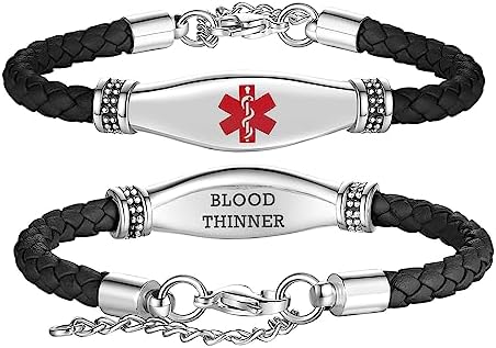 Braided Chain Leather Medical ID Bracelets with Lobster Claw Clasp for Women, Adjustable 8.5-inch Length, Pre-engraved for Blood Thinner Condition