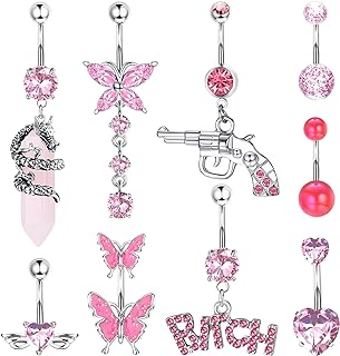Sanfenly 14G Belly Button Rings Dangle Stainless Steel Navel Rings Pink CZ Heart Butterfly Belly Rings Dangling Belly Piercing Jewelry For Women