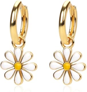 Daisy Earrings for Women, Flower Small Hoop Earrings 18K Gold Plated Pretty Flora Earring with Short Dangle Cute Lightweight Cartilage Earring Jewelry Gift for Girls Teens