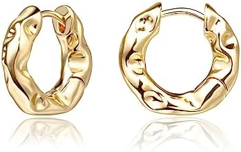 Stylish Small Chunky Huggie Hoop Earrings - Hammered 14K Gold Plated Thick Brass Hoop Design for Women - Lightweight, Vintage and Nickel-free for Daily Wear or Formal Occasion