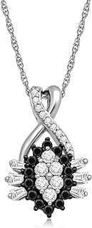 Jewelili 10K White Gold 1/3 Cttw Natural White Baguette Shape and Round Black and White Diamonds Pendant Necklace, 18" Rope Chain