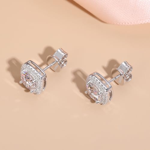 Moissanite Square Earrings Stud Screw Back 0.6-2.0ct 4-6mm 18K White Gold Plated 925 Sterling Silver Moissanite Diamond Halo Stud Earrings for Women Girls Men