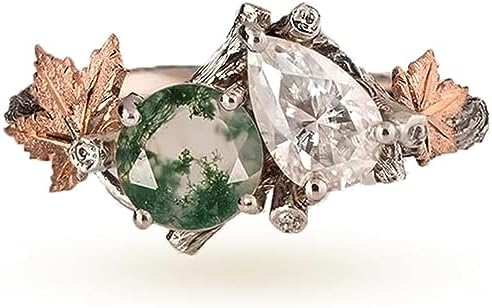 Women's Vine Leaf Promise Ring with Moss Agate Gemstone in Sterling Silver, Size 5 - Engagement/Wedding Jewelry Gift with Unique Natural Design