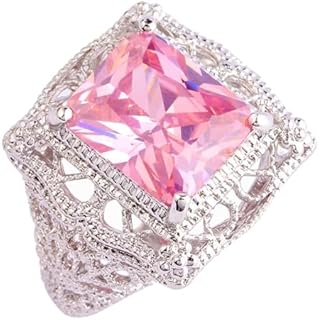 925 Sterling Silver Art Deco Statement Ring with Filigree Design & Radiant Created-Pink-Topaz