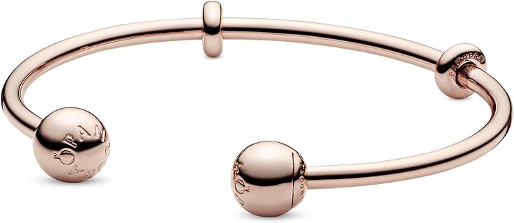 Women's Charming 14k Rose Gold-Plated Open Bangle Bracelet, Compatible with Pandora Moments Charms, Box Chain Design, Gift Ideal for Special Occasions
