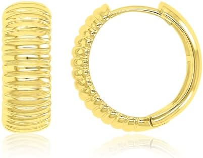 14K Gold Plated Ribbed Chunky Hypoallergenic Huggie Hoop Earrings For Women 7x18mm