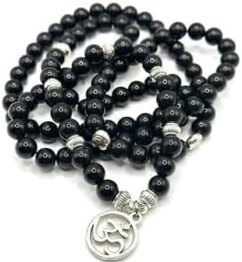 Kingstree Black Agate Prayer 108 Beads with Om Charm Mala Mantra Beaded Necklace Stretch Wrap Bracelet