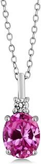 Gem Stone King 925 Sterling Silver Pink Created Sapphire and White Diamond Pendant Necklace For Women (2.47 Cttw, Gemstone September Birthstone, Oval 9X7MM, with 18 Inch Silver Chain)
