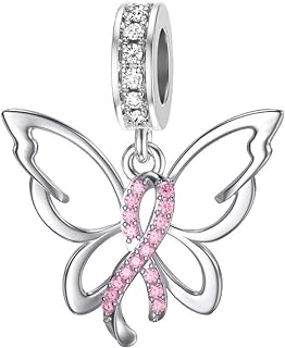 Breast Cancer Awareness Sterling Silver Charm Bracelet with Cubic Zirconia for Women, Butterfly/Dragonfly Design by LEECCI - Perfect Christmas Gifts for Women and Girls
