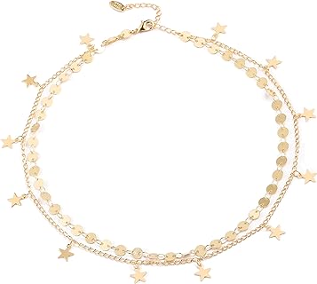 Gold Choker Necklaces 14K Gold Plated/Silver Disc Choker Necklaces Dangling Star Heart Pendant Necklaces Summer Beach Boho Necklaces Aesthetic Necklace Gift for Teen Girl