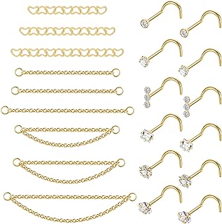 21-Piece Versatile 22G Stainless Steel & Cubic Zirconia Double Stud Nose Piercing Chain Set for Women & Men - Unique S/L Shaped Design
