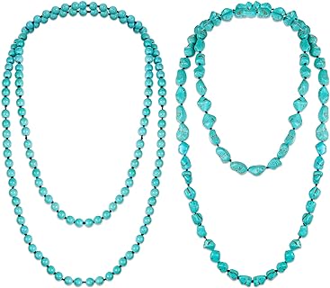 Henoyso 2 Pcs Turquoise Beads Necklace 47.5 Inch Long Endless Necklace Multi Strand Layer Necklace Knotted Homemade Jewelry