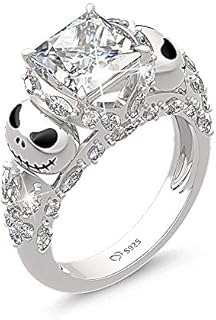Jeulia Jack Skellington Rings Women Nightmare Before Christmas Skull Rings 925 Sterling Silver Princess Cut Band Ring Anniversary Promise Romantic Christmas Gifts for Her Teen Girls