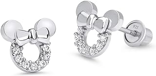 Mickey Mouse Stud Earrings with Screw Back Cubic Zirconia for Baby Girls – Rhodium Plated Sterling Silver Design