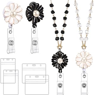 2 Set Beaded Badge Lanyard with ID Holders for Christmas Gift Badge Reels Retractable Necklace Lanyards for Nurses and Teacher Pearl Name Badge Holder with Pearl for Girl Women (Flower)
