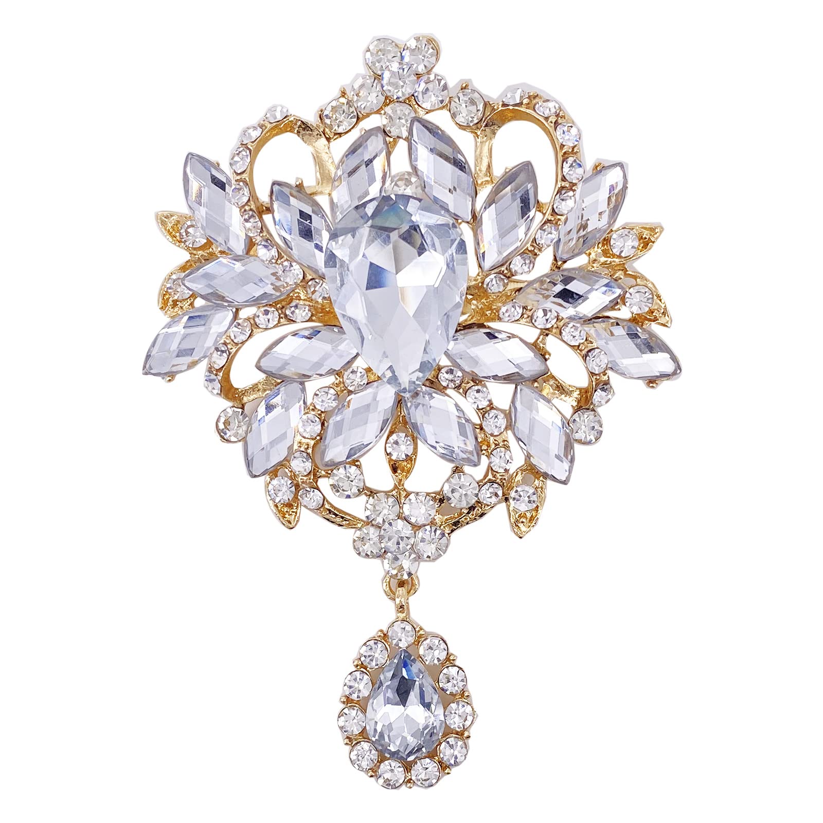 LAXPICOL Wedding Bridal Big Brown Crystal Rhinestone Bouquet Brooch Pin for Women Golden Tone