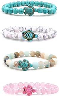 Versatile Turtle Bead Bracelet Set with Stretchable Elastic and No Clasp, for Men and Women by Pingyongchang - 4pc Natural Stone & Zinc Charms, Rope Chain Design