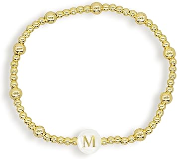 Gold Beaded Initial Friendship Stretch Bracelets for Women Teen Girls Trendy Boho White Cross Heart Letter Name Stackable Beads