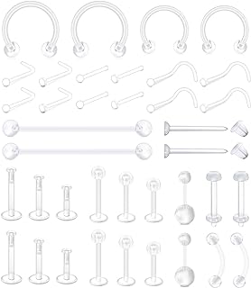 Mayhoop 38pcs Clear Piercing Retainers for Surgery Bioflex Nose Rings Belly Rings Septum Eyebrow Lip Cartilage Tragus Earring Retainer Industrial Bar Plastic Piercing Jewelry for Work
