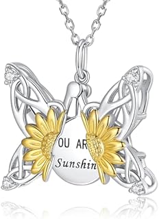 You are My Sunshine Necklace - Sterling Silver Butterfly Sunflower Necklace Locket Jewelry with Engraved Hidden Message Pendant Mother's Day Gifts for Mother Daughter