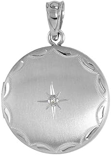 3/4 inch Round Sterling Silver Diamond Locket Necklace for Women Starburst Set Engraved Rim, 16-20 inch