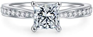 True D Color 1 Carat Princess Cut Moissanite Engagement Rings for Women, D Color Silver Moissanite Ring