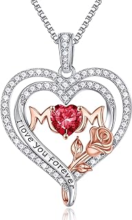 S925 Sterling Silver Rose Heart Pendant Necklace with Box Chain and Spring Ring, Created Ruby Gem for Mom, Unique Heart Design - Iefil Birthstone Jewelry Gift for All Moms