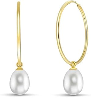 Galaxy Gold 14k Yellow Gold Angel Hoop Earrings with Cultured Pearls for Women, Endless Back Finding, USA Origin