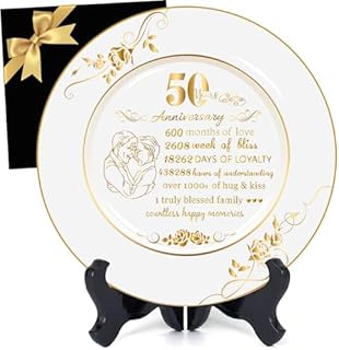SHUNNIUB Porcelain 50th Wedding Anniversary Plate, Hand Painted Golden Wedding Gift with Stand for Parents/Couples, Heartfelt Countdown Design, Perfect for Christmas, Birthday or Valentine's Day