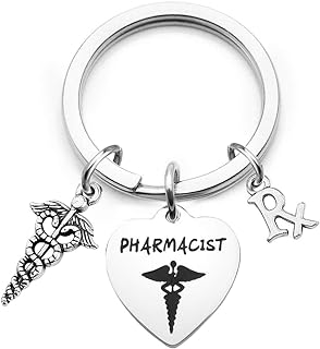 Stainless Steel Expandable Wire Bangle Key Ring Bracelet with Medical Caduceus, RX & Syringe Charms for Pharmacists - Versatile Graduation Gift