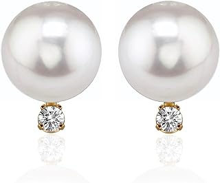 14K Yellow Gold AAA Quality Genuine Akoya Saltwater Cultured Pearl and Diamond Stud Earrings for Women
