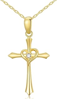 YDD 14K Solid Gold Cross Necklace for Women Heart Necklace Cross Chain for Her, Mom, Wife, Girls 16"-18"