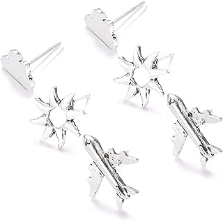 coadipress 3 Pair Airplane Cloud Sun Stud Earrings Set for Women Girls Unique Funny Silver Bohimian Tiny Brushed Plane Aircraft Jewelry Ear Studs Gift